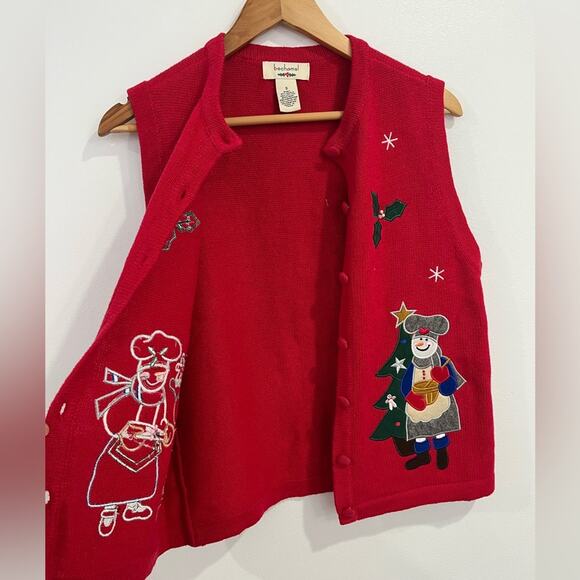 VIntage Red Ugly Sweater Vest Christmas Small Holiday Snowman Holly Baking - Picture 6 of 7